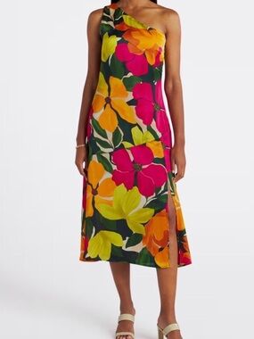 Gilli One-Shoulder Floral Midi Dress in Bright Green, Pink, Orange & Yellow